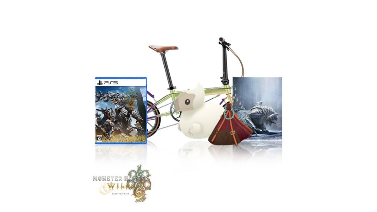 Monster Hunter Wilds Ultra Collector's Edition, oyunun resmi, kabarık bir oyuncak, bir silah çantası ve katlanır bir bisikletle.