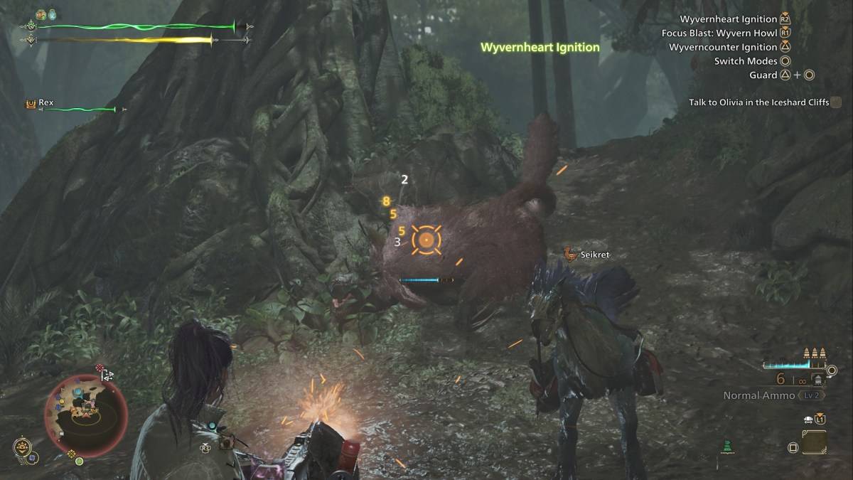 A hunter in Monster Hunter Wilds using the heavy bowgun against a Congalala