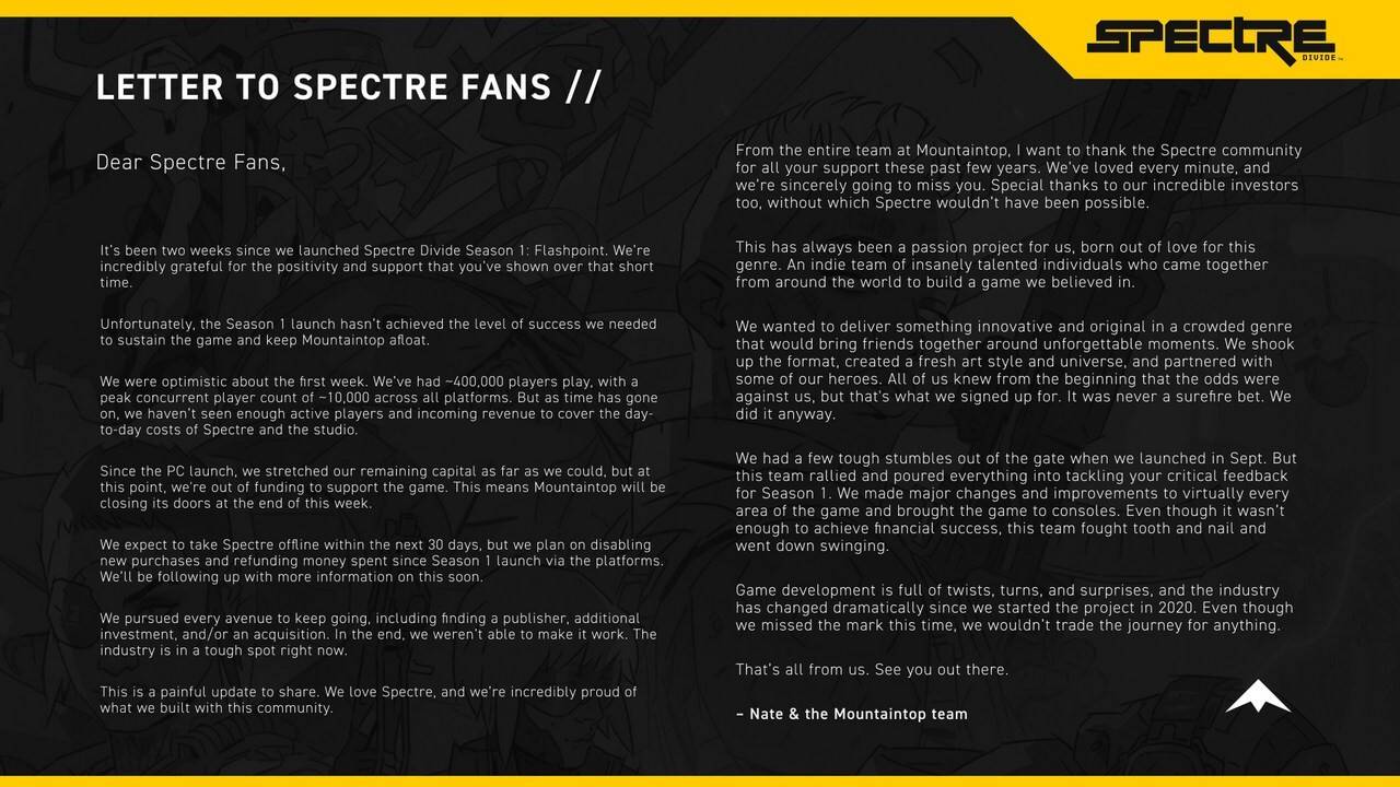 Spectre Division объявляет о закрытии вместе со студией