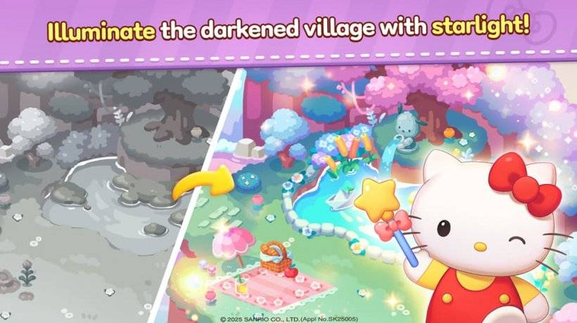 Hello Kitty揮舞著魔術棒在顏色恢復的景觀上的圖片