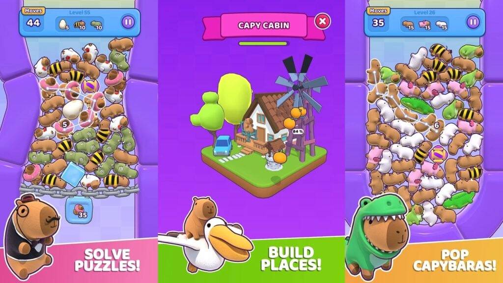 Capybara Stars: Match-3 Puzzler z przytulnym budynkiem