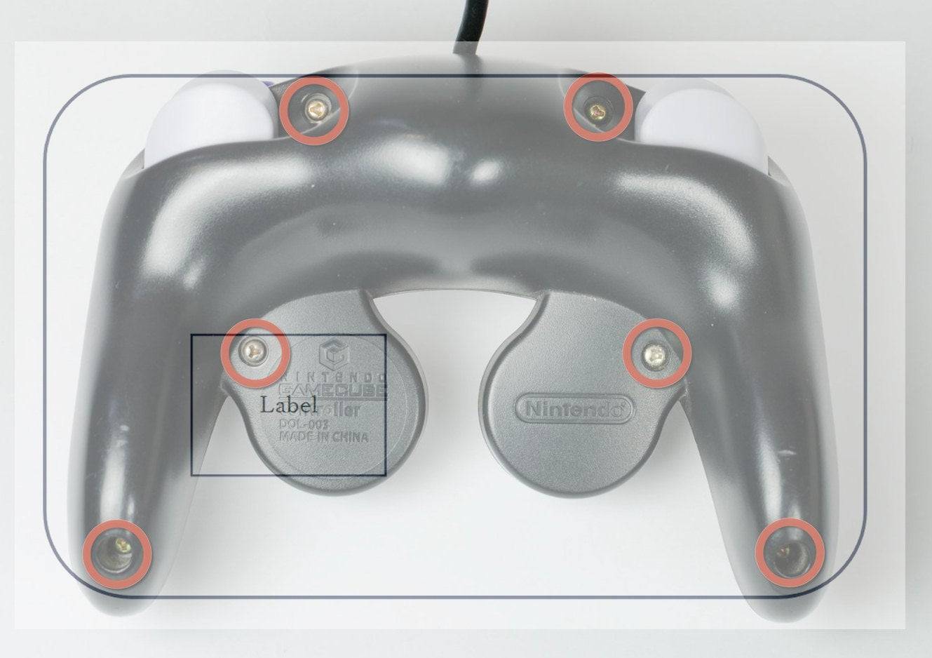 The label location overlayed on the back of a GameCube controller. Image credit: Pokemaniac / Famiboards.