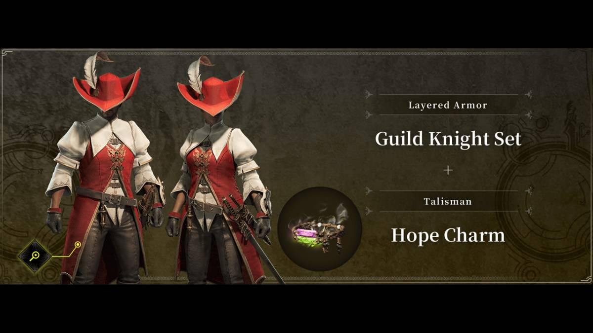 O DLC de pré-encomenda para Monster Hunter Wilds, The Guild Knight Set e Hope Charm.