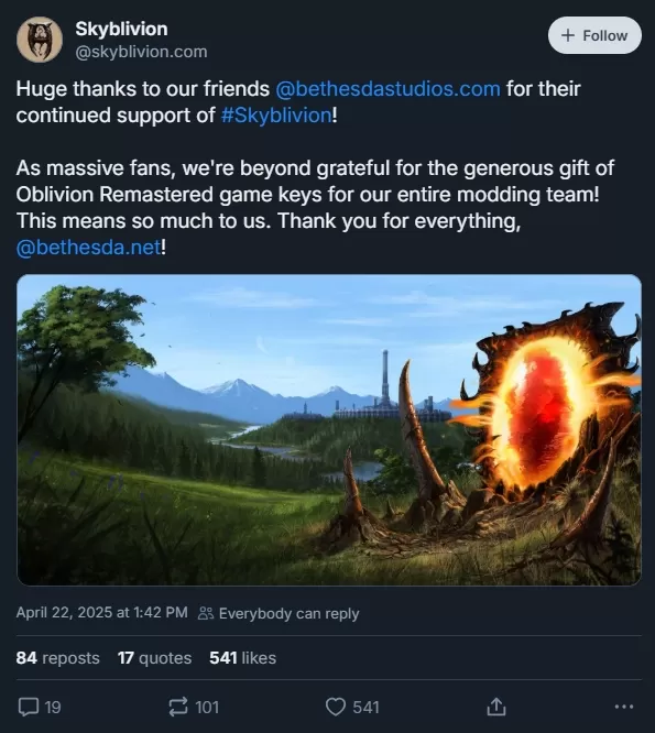 Bethesda Geschenke Die Elder Scrolls IV: Oblivion Remastered Keys zum gesamten Skyblivion -Modding -Team